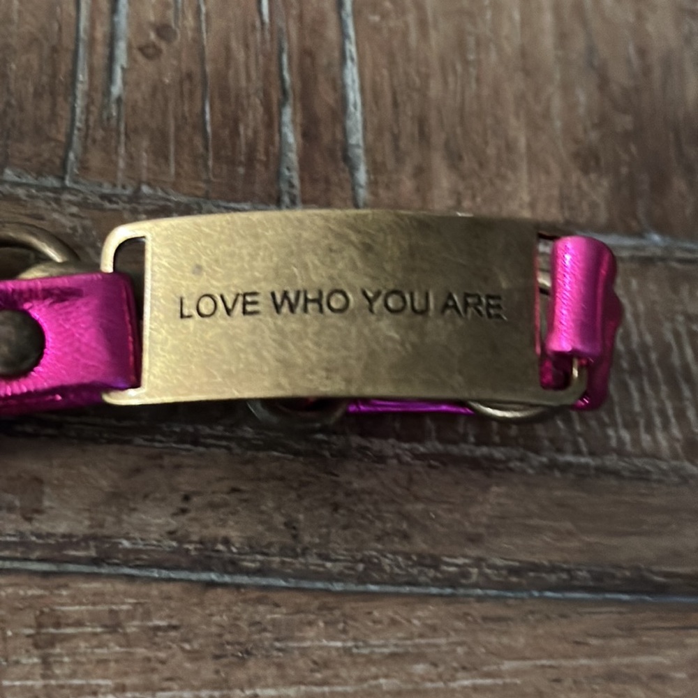 Cynthia H Designs Love Who You Are Pink Leather and Antique Gold Bracelet